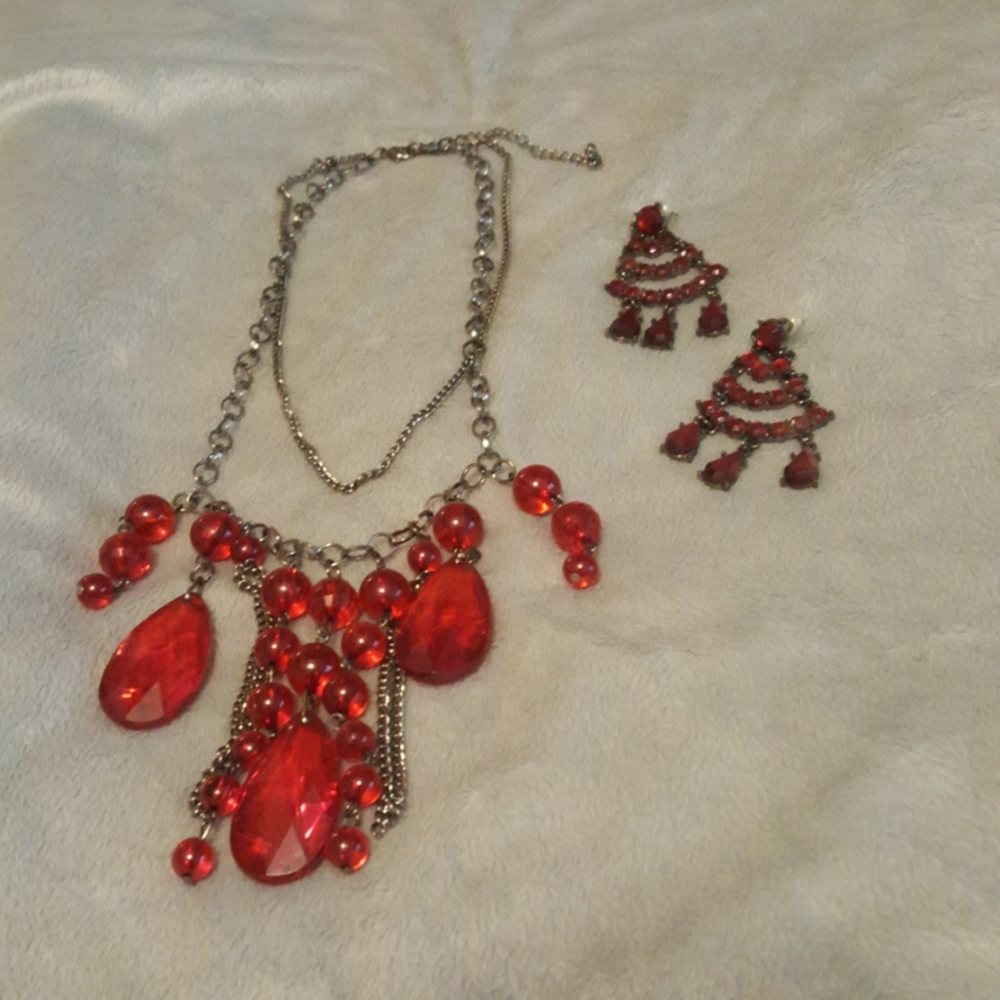 Antique silver tone and red jewelry set